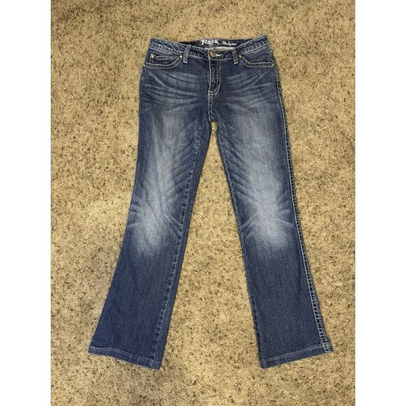 WRANGLER ROCK 47 Low Rise Denim Jeans Mid Wash Flare Bootcut Y2k 28x29.5 HEMMED - Picture 1 of 10